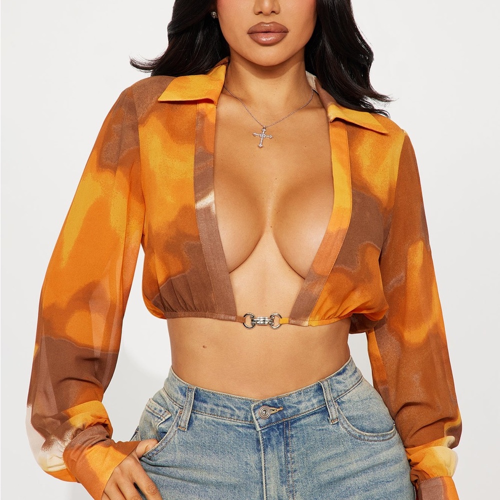 Fashion Nova Vibrant Orange and Brown Blouse